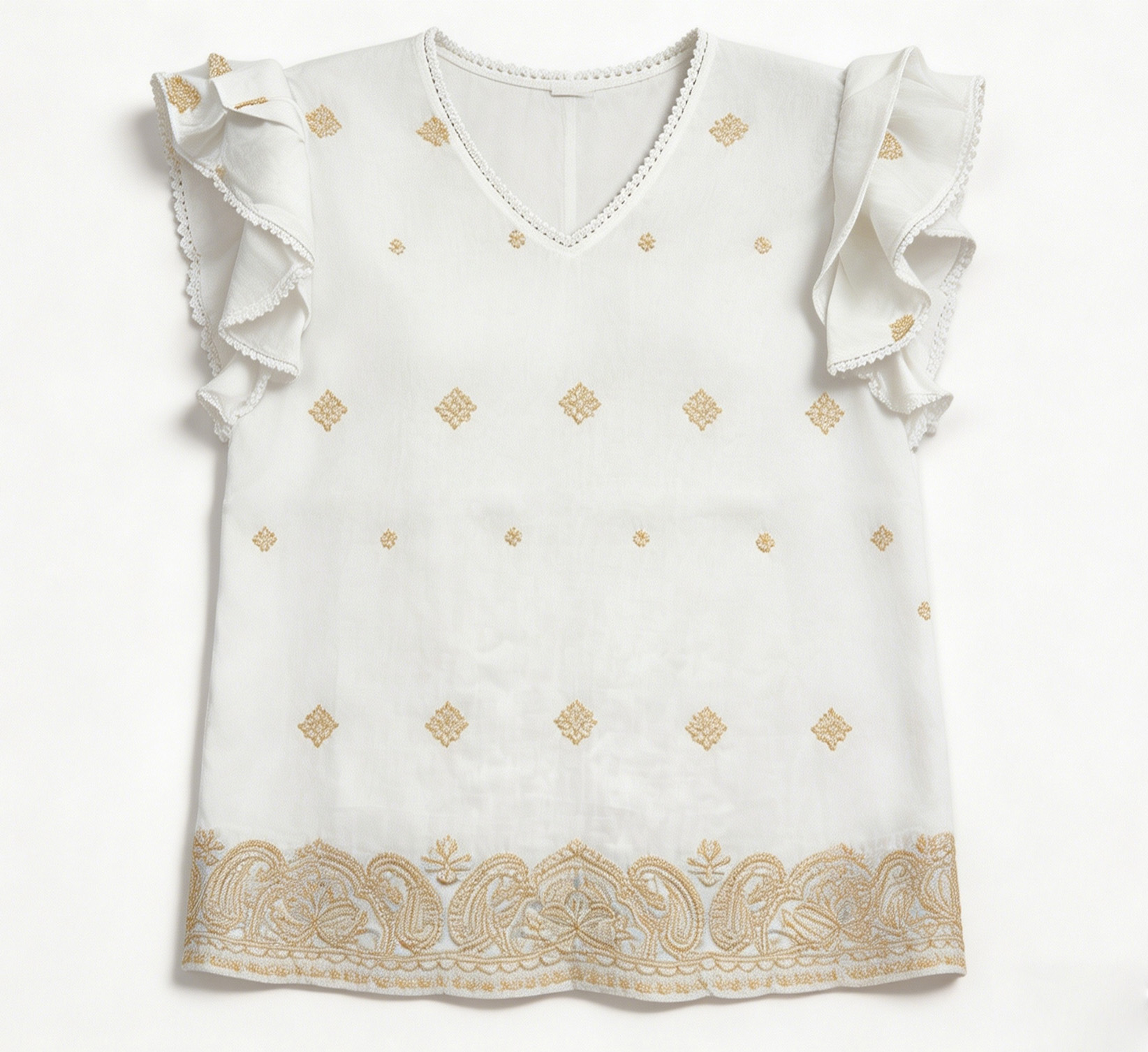 White Gold Paisley Embroidered Ruffle Sleeve Blouse - Boho V-Neck Top AN-710001