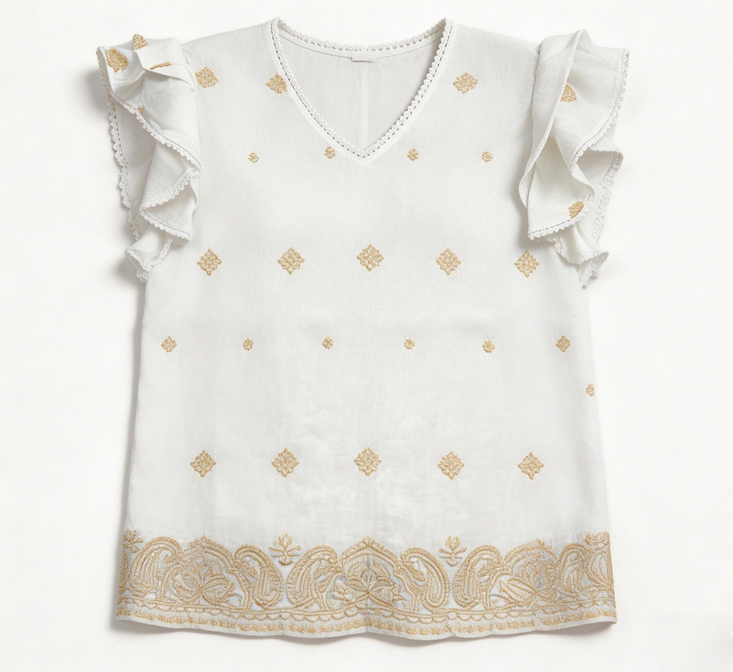 White Gold Paisley Embroidered Ruffle Sleeve Blouse - Boho V-Neck Top AN-710001