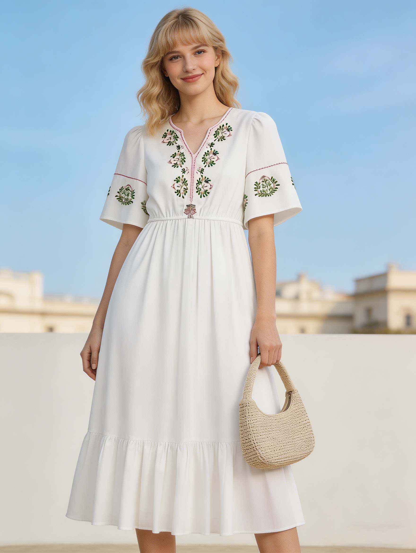 Women Bohemian Embroidered Flutter Sleeve Maxi Dress C-40270