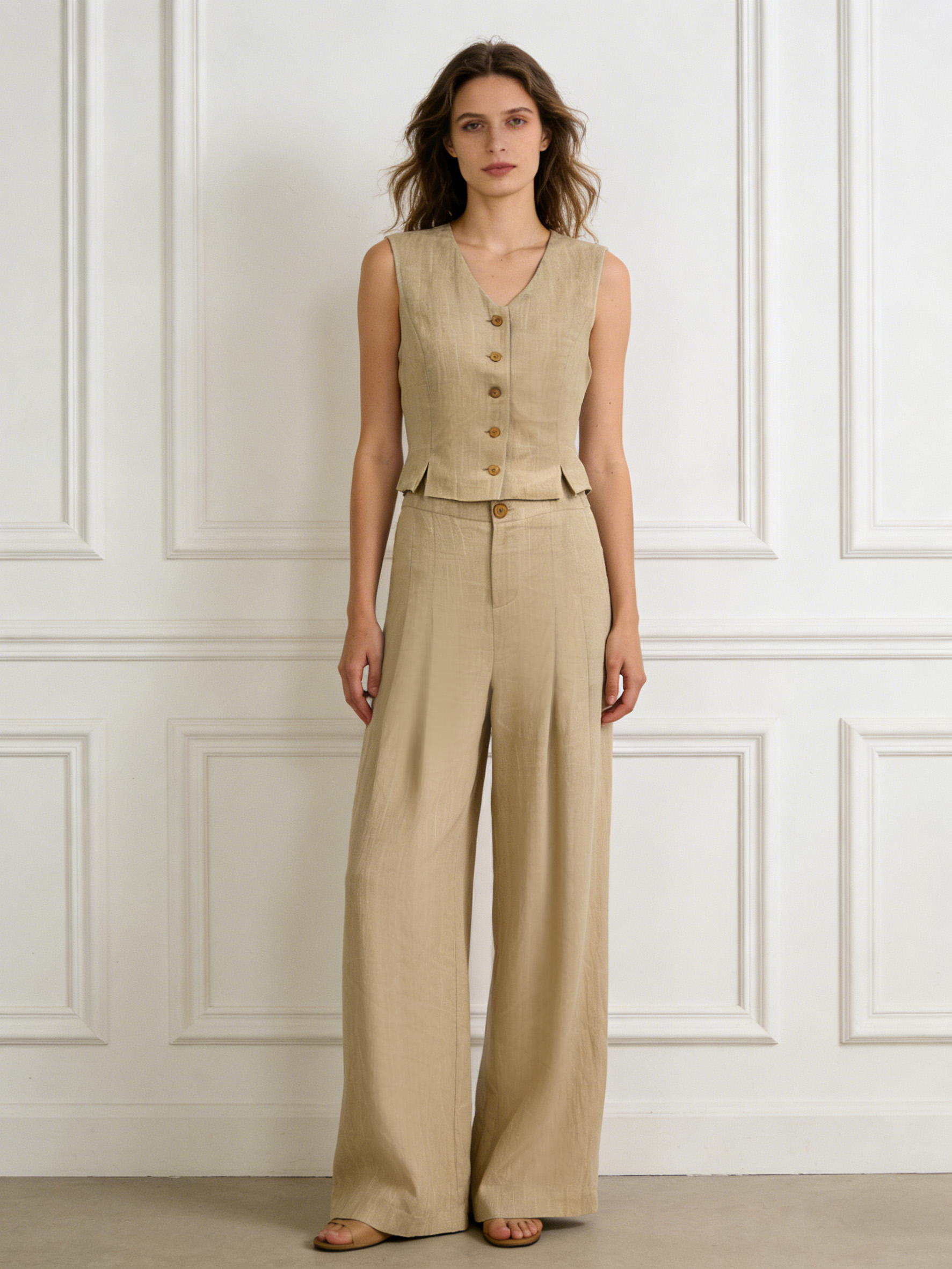 Earth Tone Linen Vest & Wide Leg Pants Set C-40002+C-40003