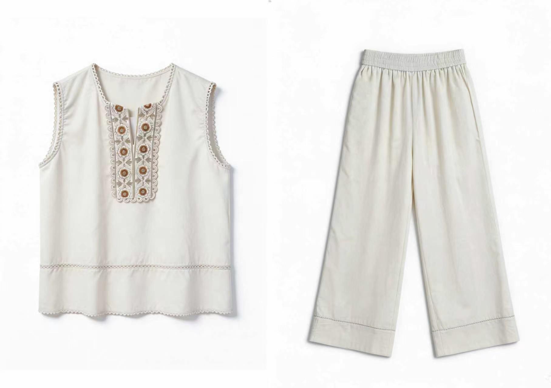 Linen-Blend Embroidered Two-Piece Set AN-750014