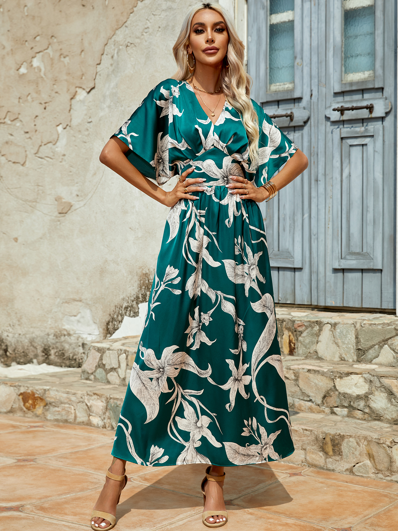 Women’s Tropical Print V-Neck Boho Maxi Dress D-34730