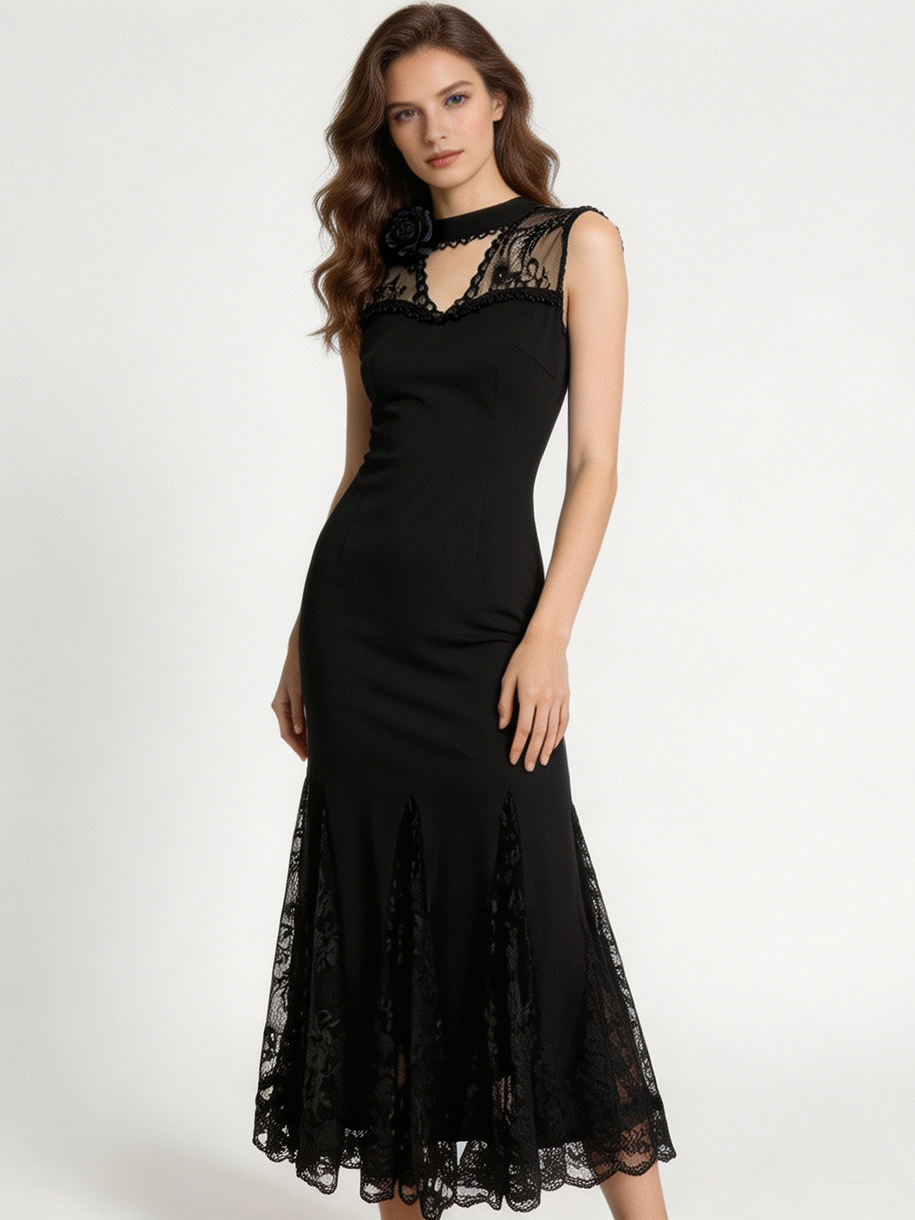 Black Lace Feather Mermaid Dress W-40878