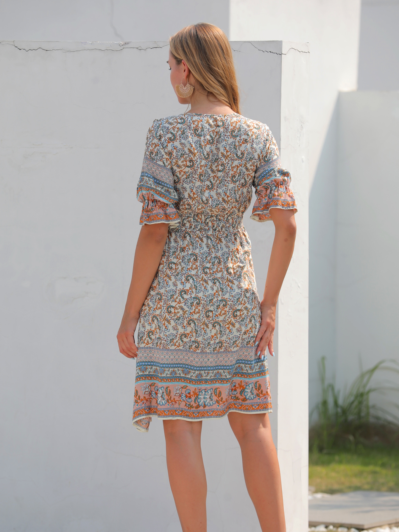 Women’s Boho Print V Neck High Waist Mini Dress M-31578
