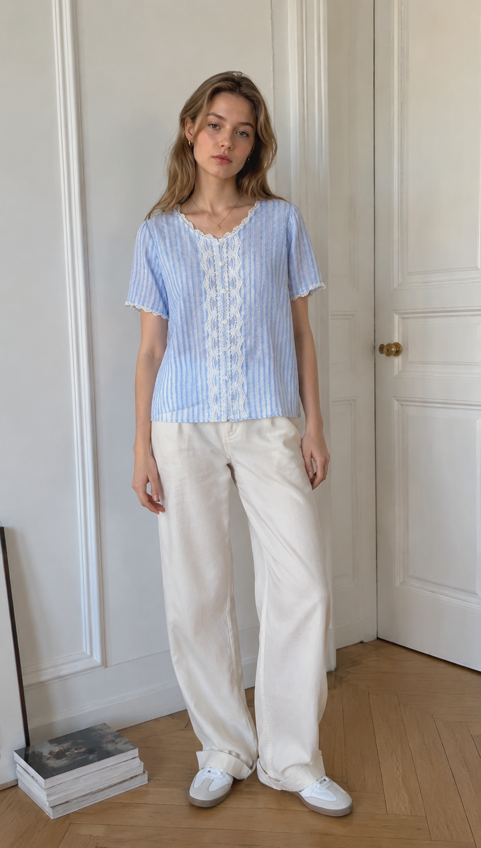 Elegant Striped Blouse with White Lace Details LA-810002