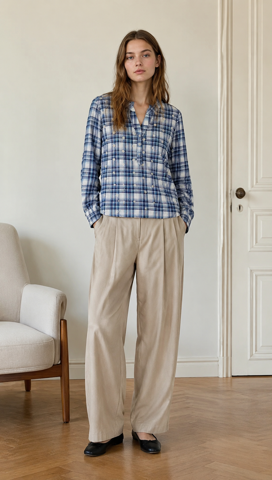Blue & White Plaid Blouse with Floral Embroidery AN-710025