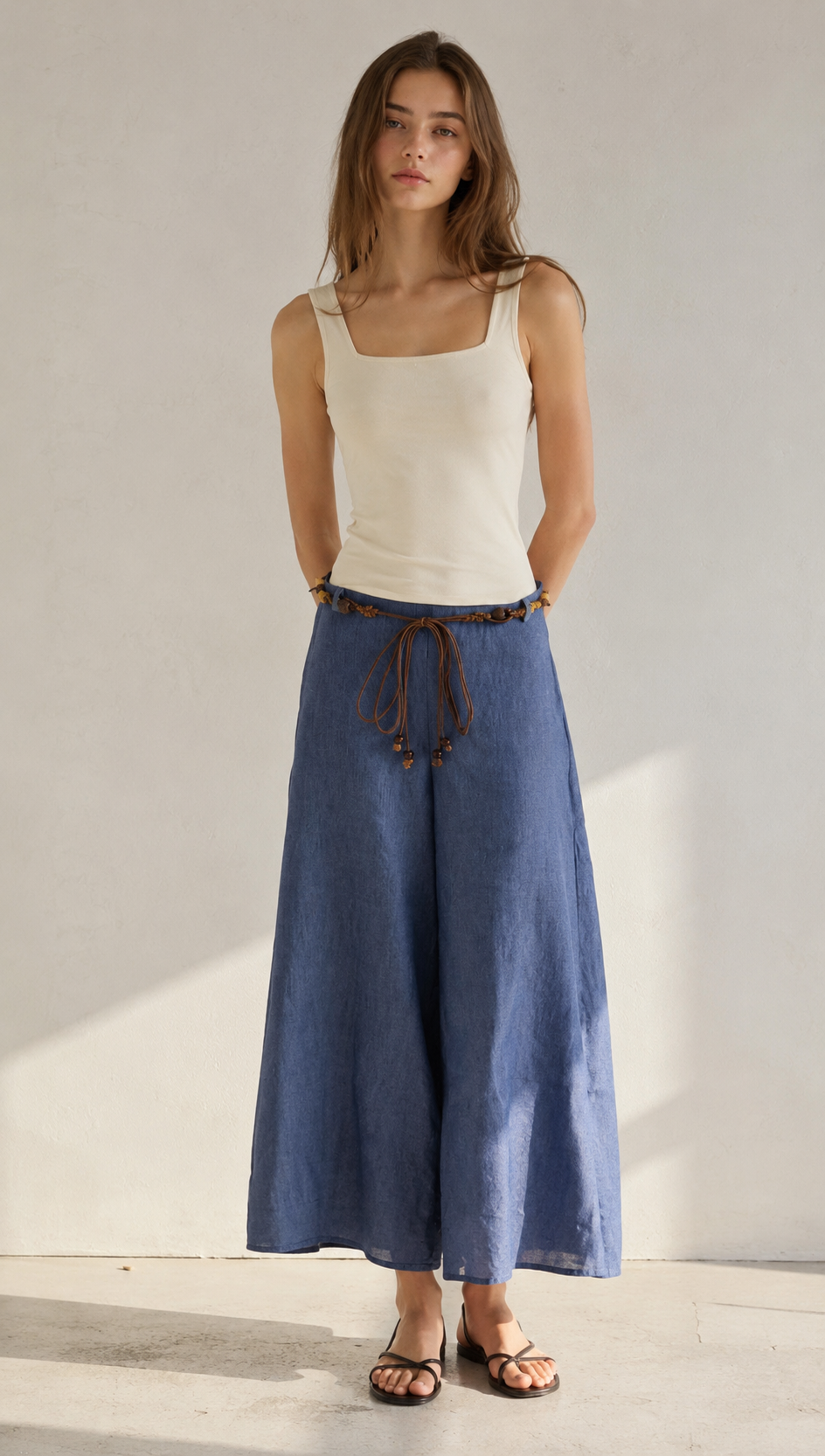 Linen-Blend A-Line Skirt with Beaded Belt AN-620050
