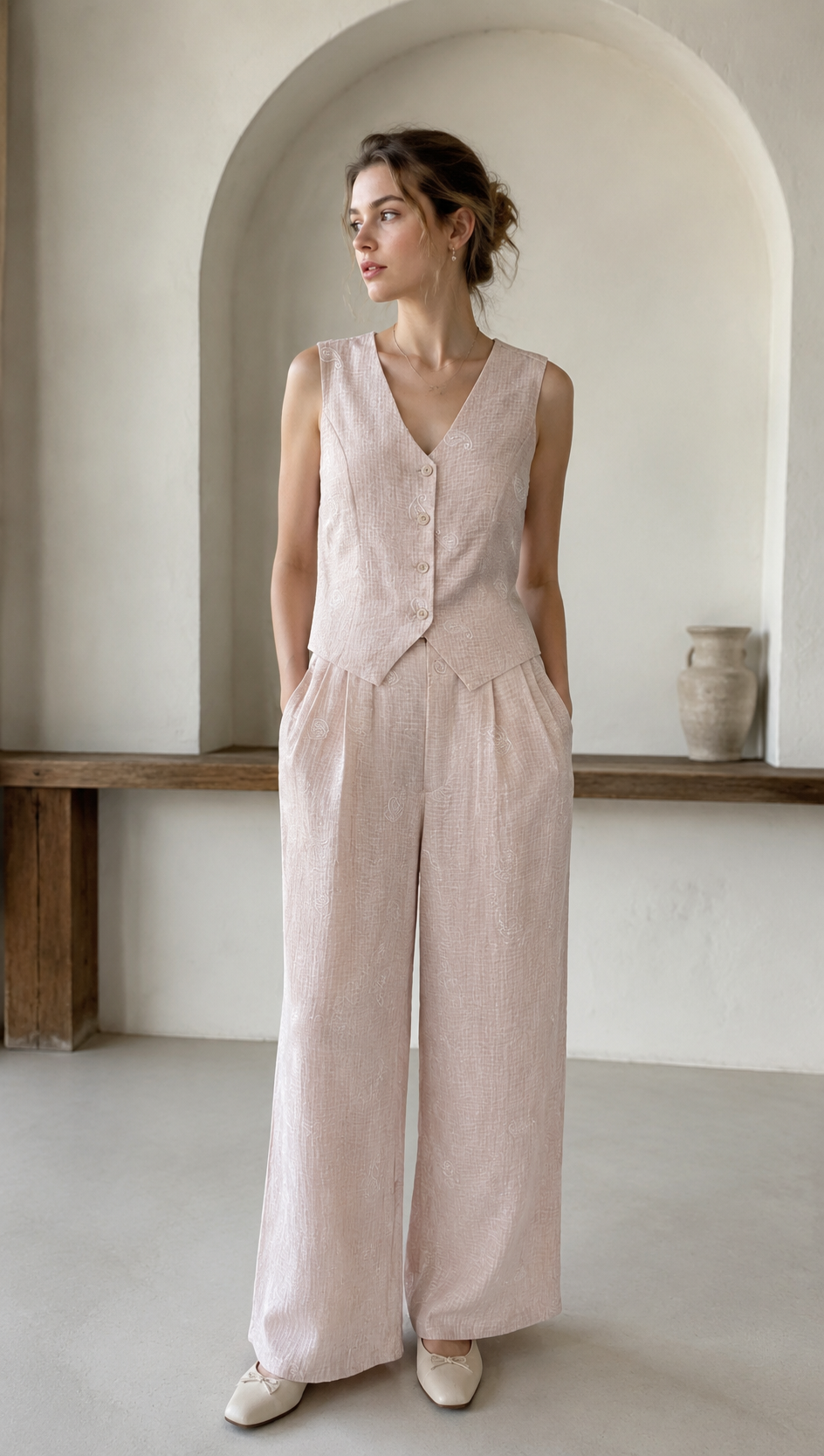 Paisley Embroidered High-Waisted Linen Pants AN-710029