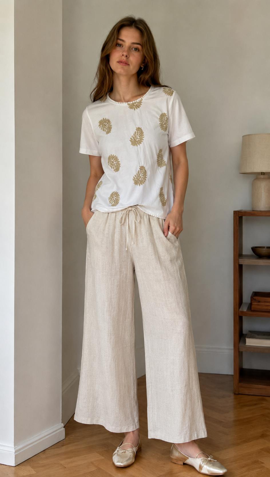 Elegant Cotton-Blend Blouse with Lace Trim AN-750004