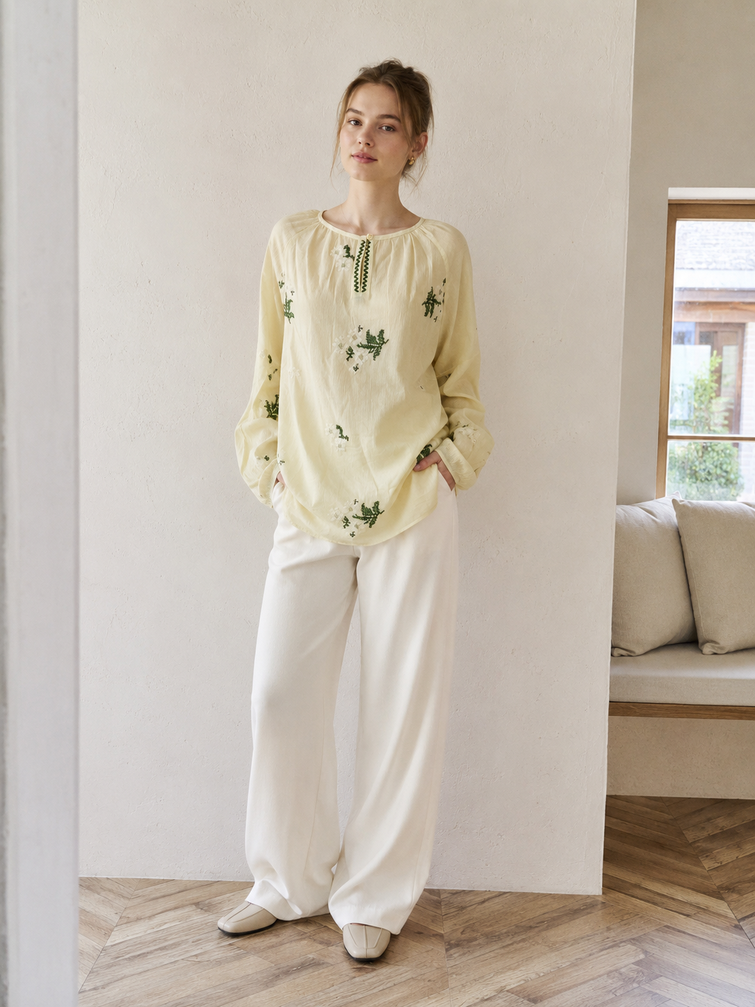 Floral Embroidered Long-Sleeve Blouse AN-620046
