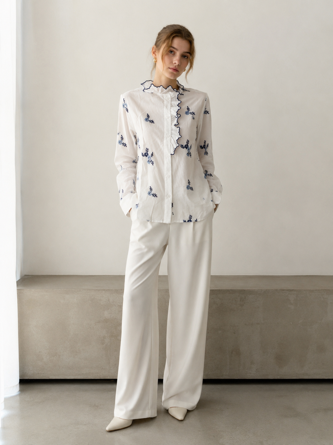 Floral Embroidered Ruffle Trim Blouse AN-710005