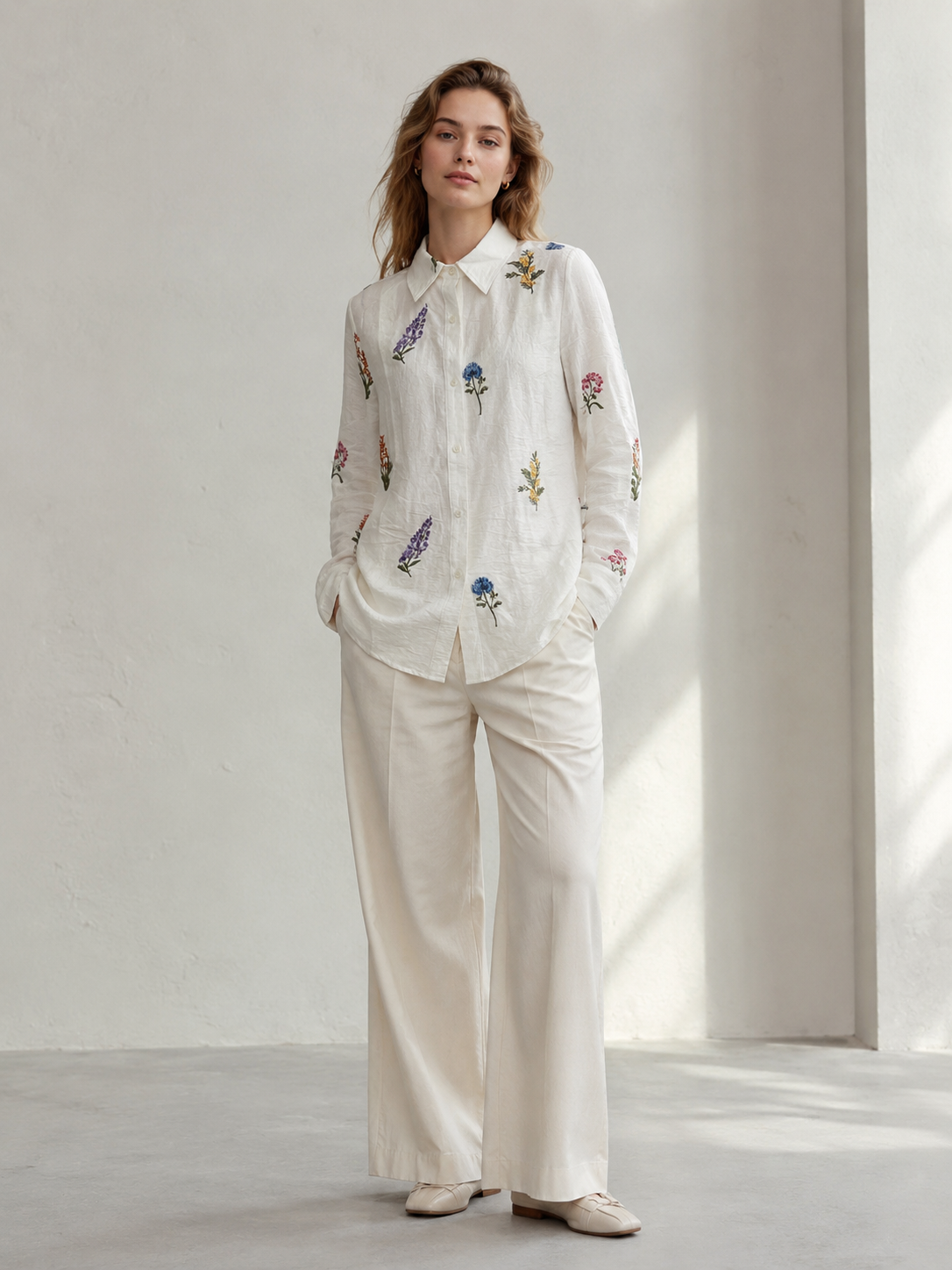Floral Embroidered Long-Sleeve Button-Up Shirt AN-710017