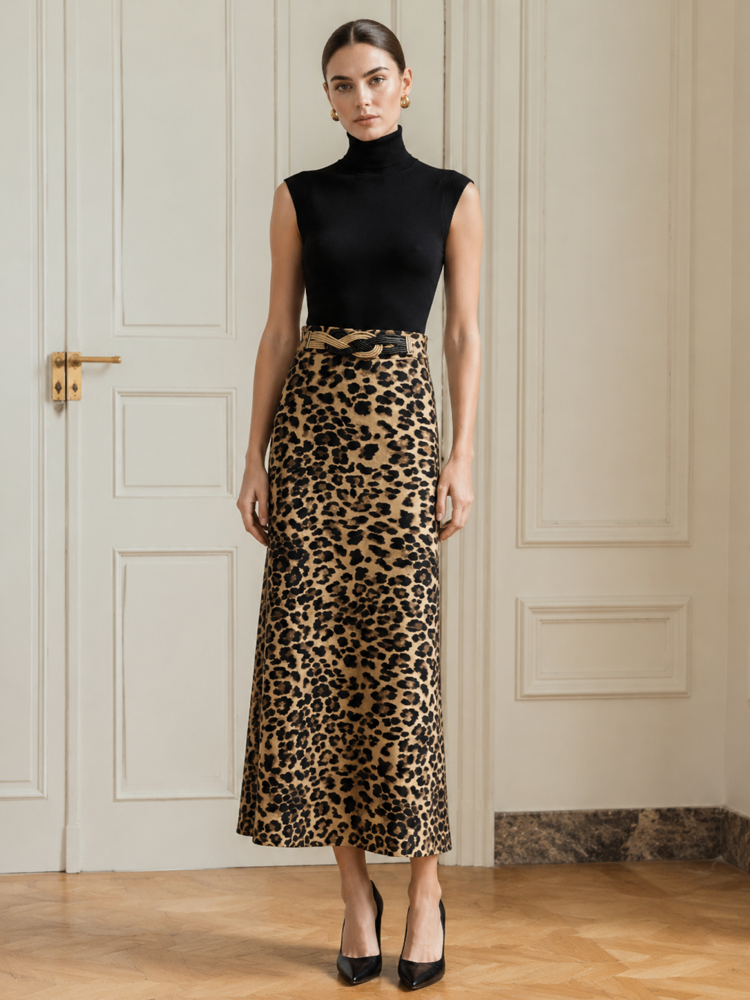 Chic Leopard Print Satin Skirt - Knot Detail High Waist Office Skirt  AN-190510