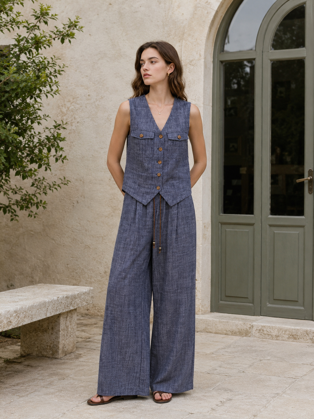 Boho Blue Grey Linen Suit - V-Neck Vest & Drawstring Wide Leg Pants  C-41743+C-41763