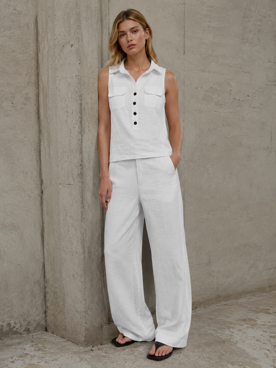 Chic White Sleeveless Shirt - Pocket Detail Layering Blouse  C-41786