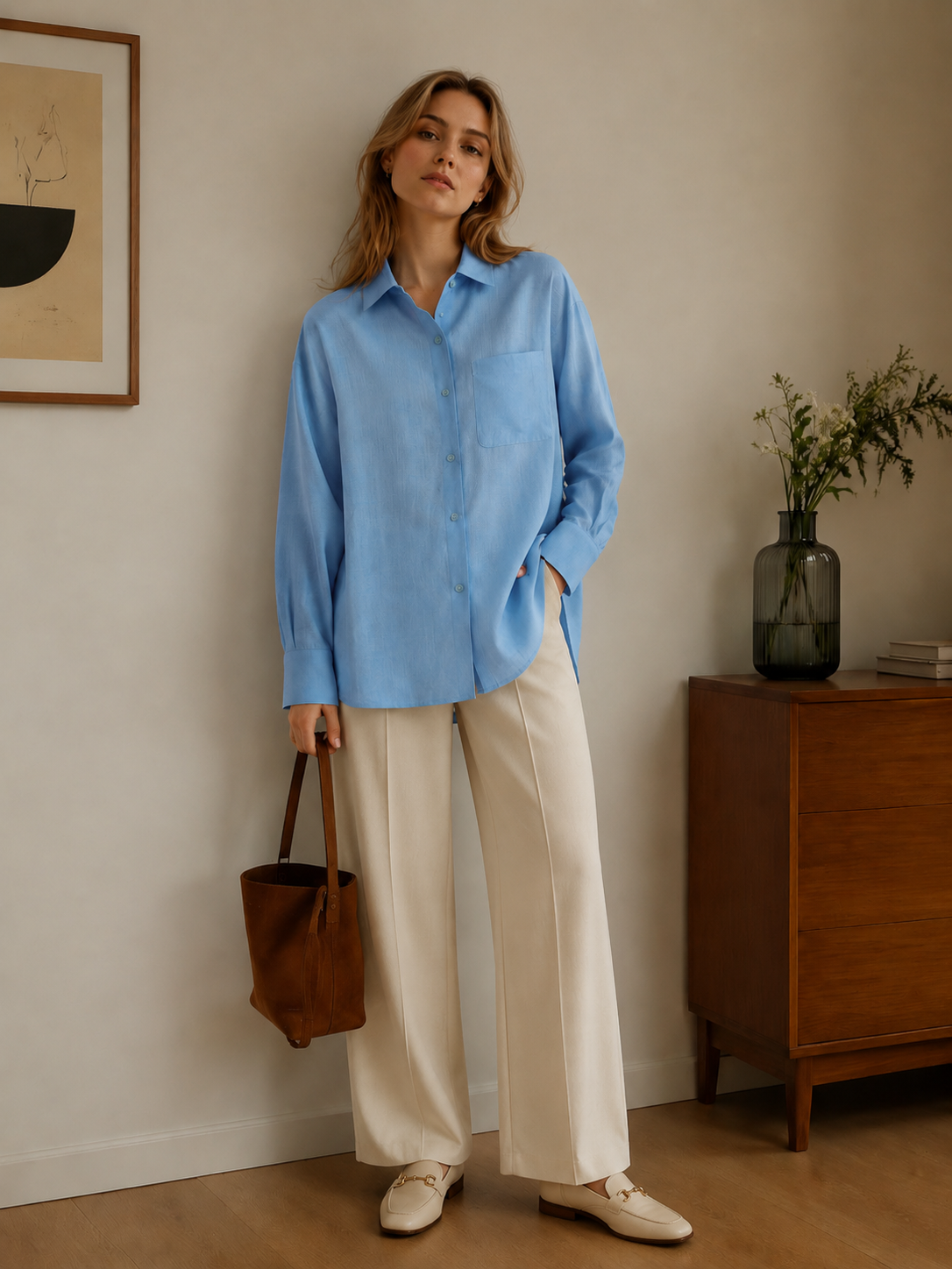Relaxed Fit Sky Blue Linen Shirt C-42178