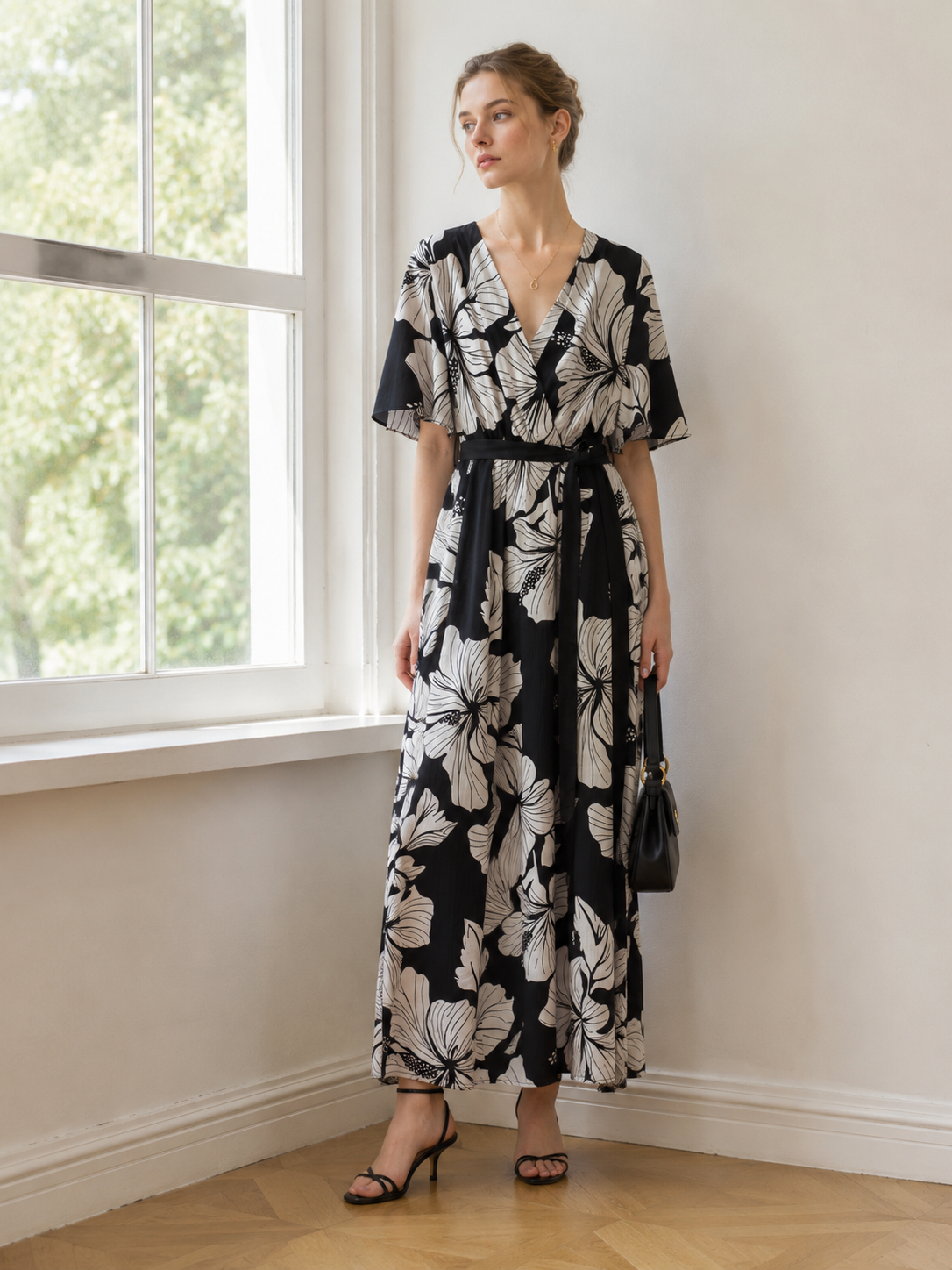 Women's Black & White Hibiscus Print Wrap Midi Dress - V-Neck Tie Waist Dress  C-42530