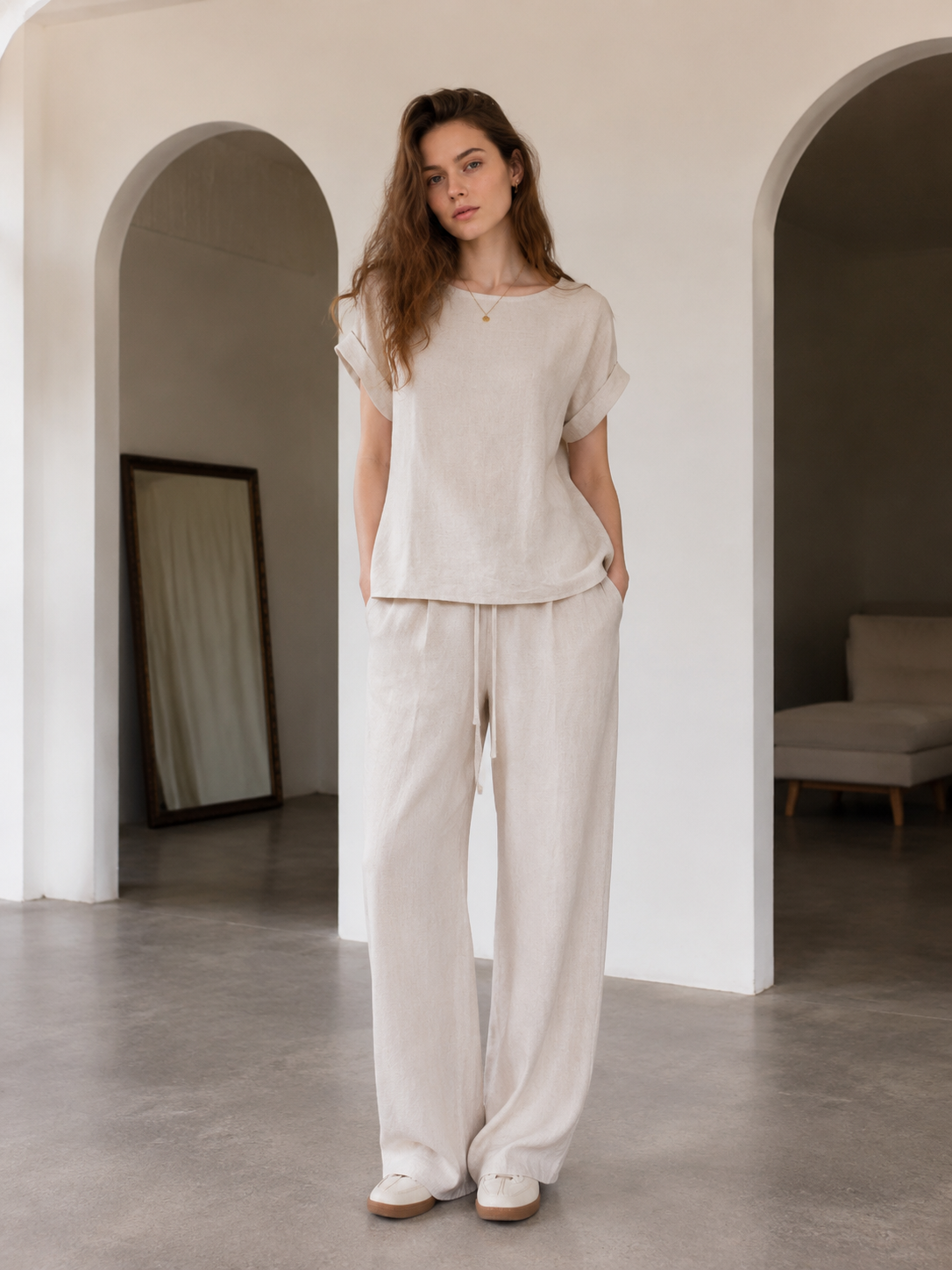 Women’s Linen Lounge Set – Relaxed Fit Top & Drawstring Pants Co-ord C-42767+C-42752