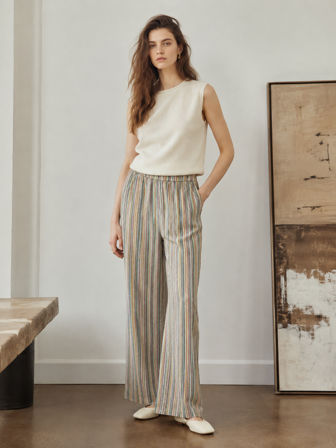 Elastic Waist Striped Wide Leg Pants - Versatile Boho Bottoms D-42124