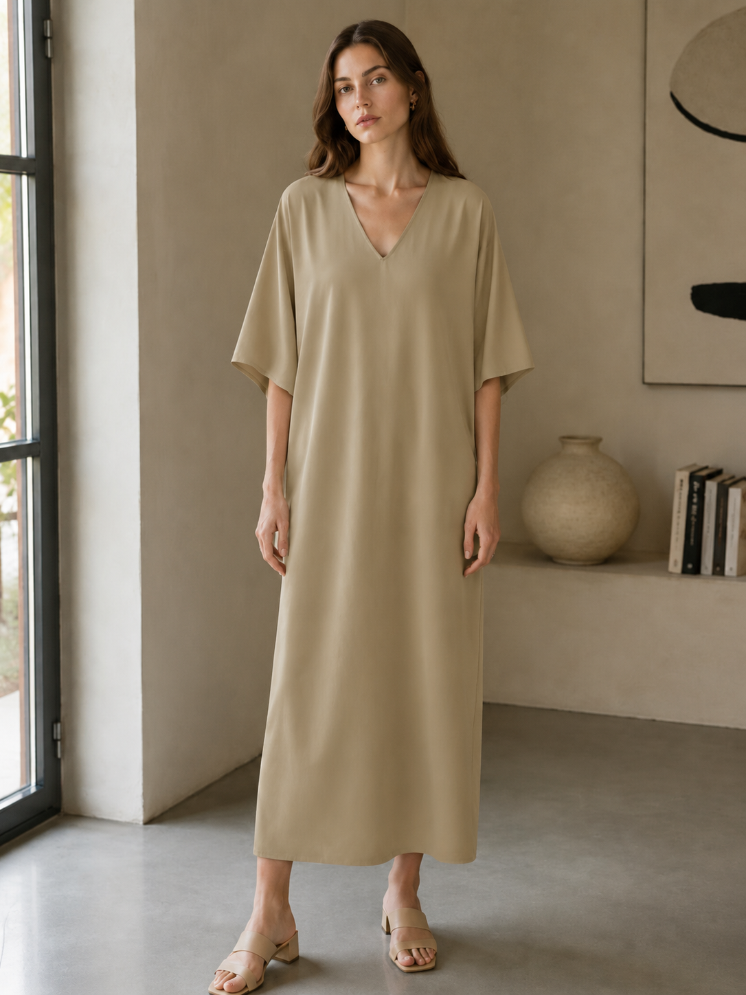 Chic Khaki Batwing Sleeve Shift Dress - Office Casual Midi Dress  S-2538