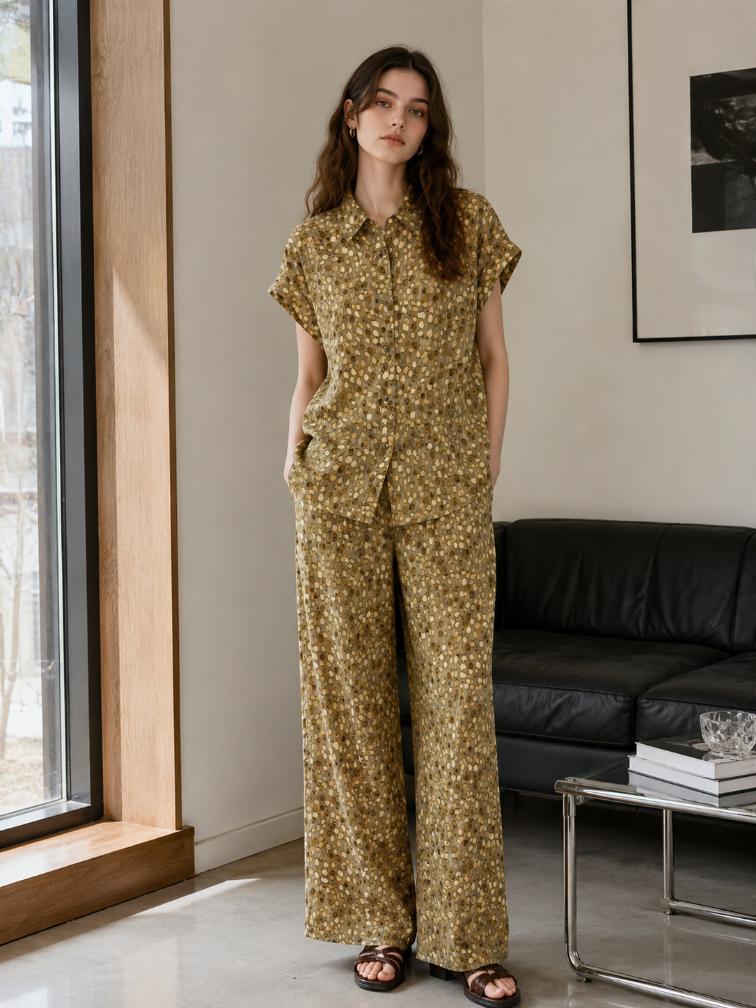 Khaki Dot Print Satin Shirt Wide Leg Pants Set - Two Piece Outfit W-42716+W-42717(LA-690003)