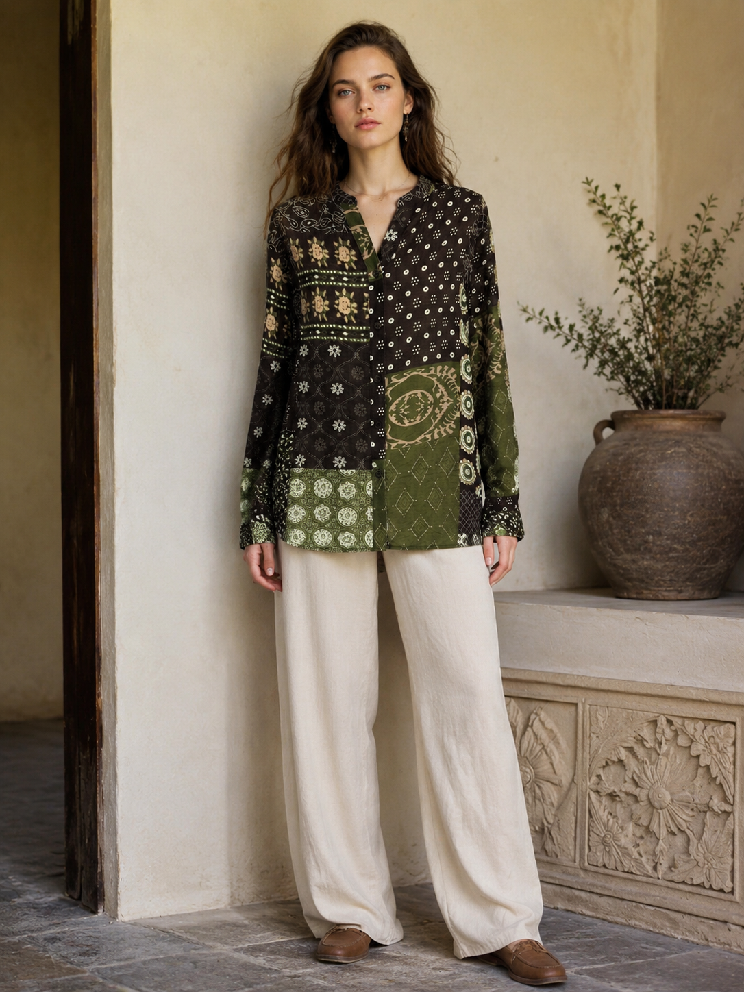 Women’s Boho Patchwork Print Button Down Shirt A-43175