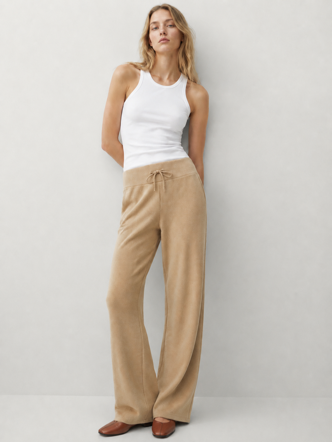 Elegant Beige Drawstring Knit Wide Leg Pants - Premium Everyday Wear XW-26904
