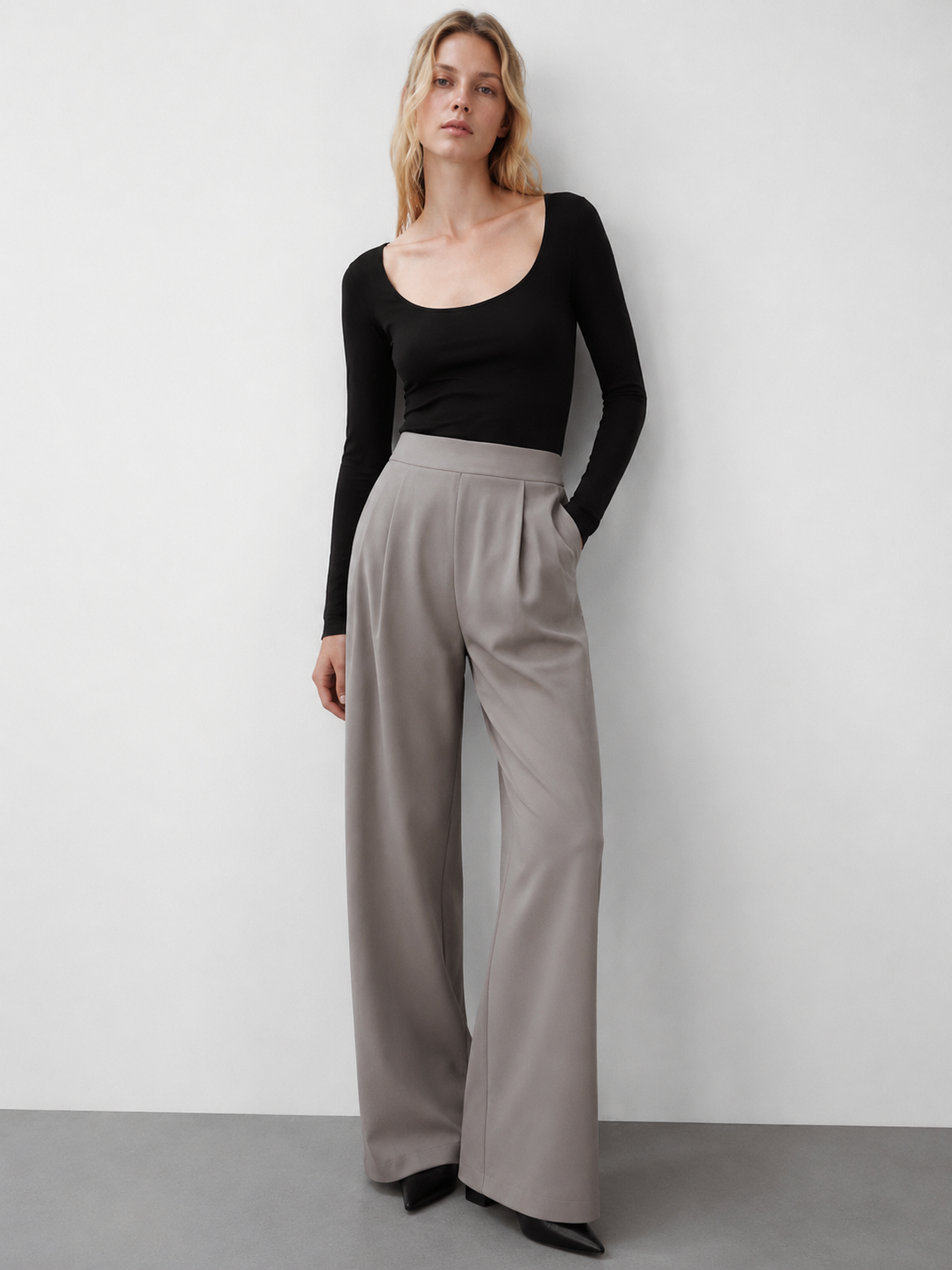 Front Pleated High Waist Taupe Wide Leg Pants - Versatile Workwear XW-26906