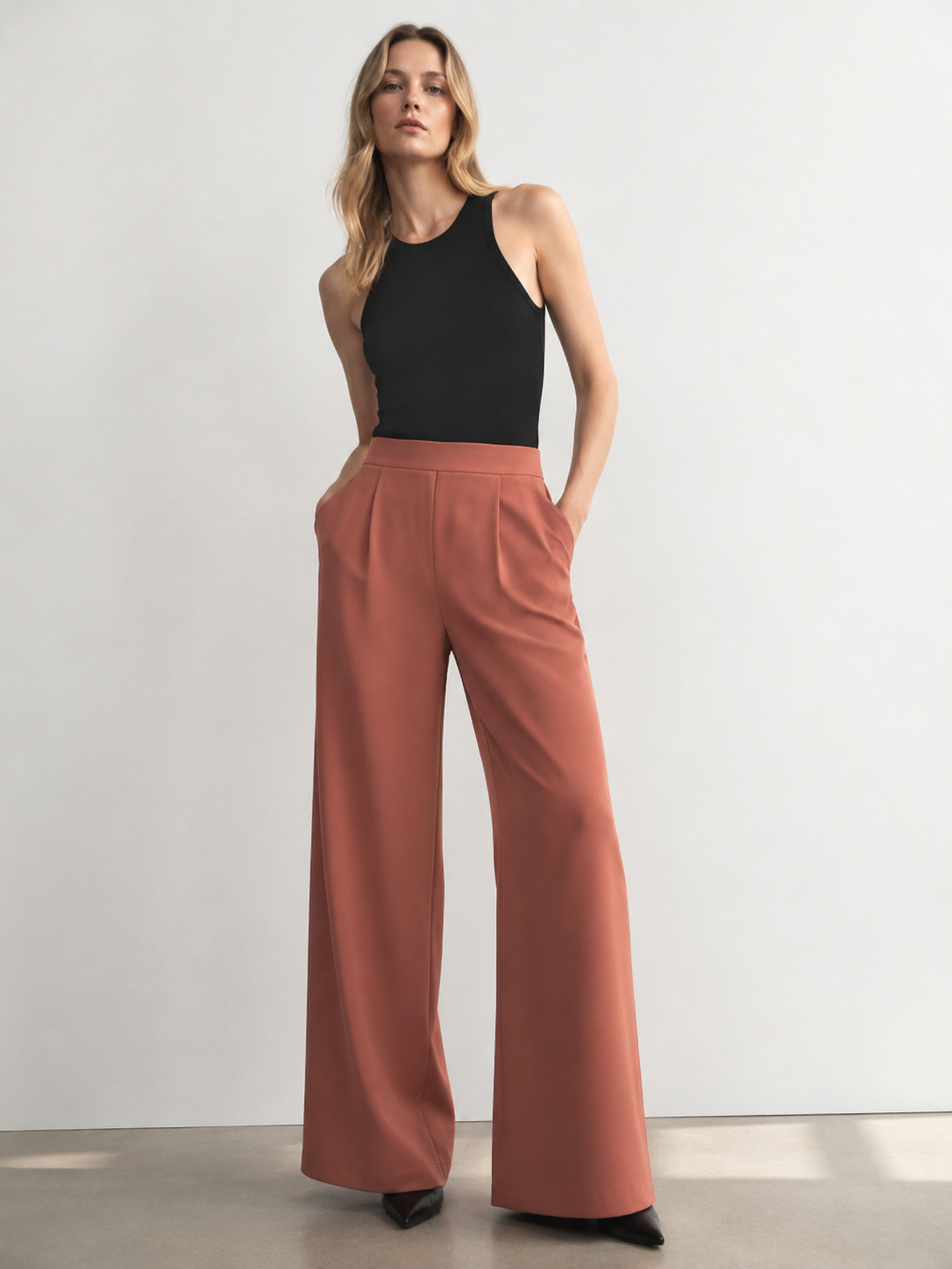 Elegant Terracotta Pleated Wide Leg Pants - Premium Everyday Bottoms XW-26909