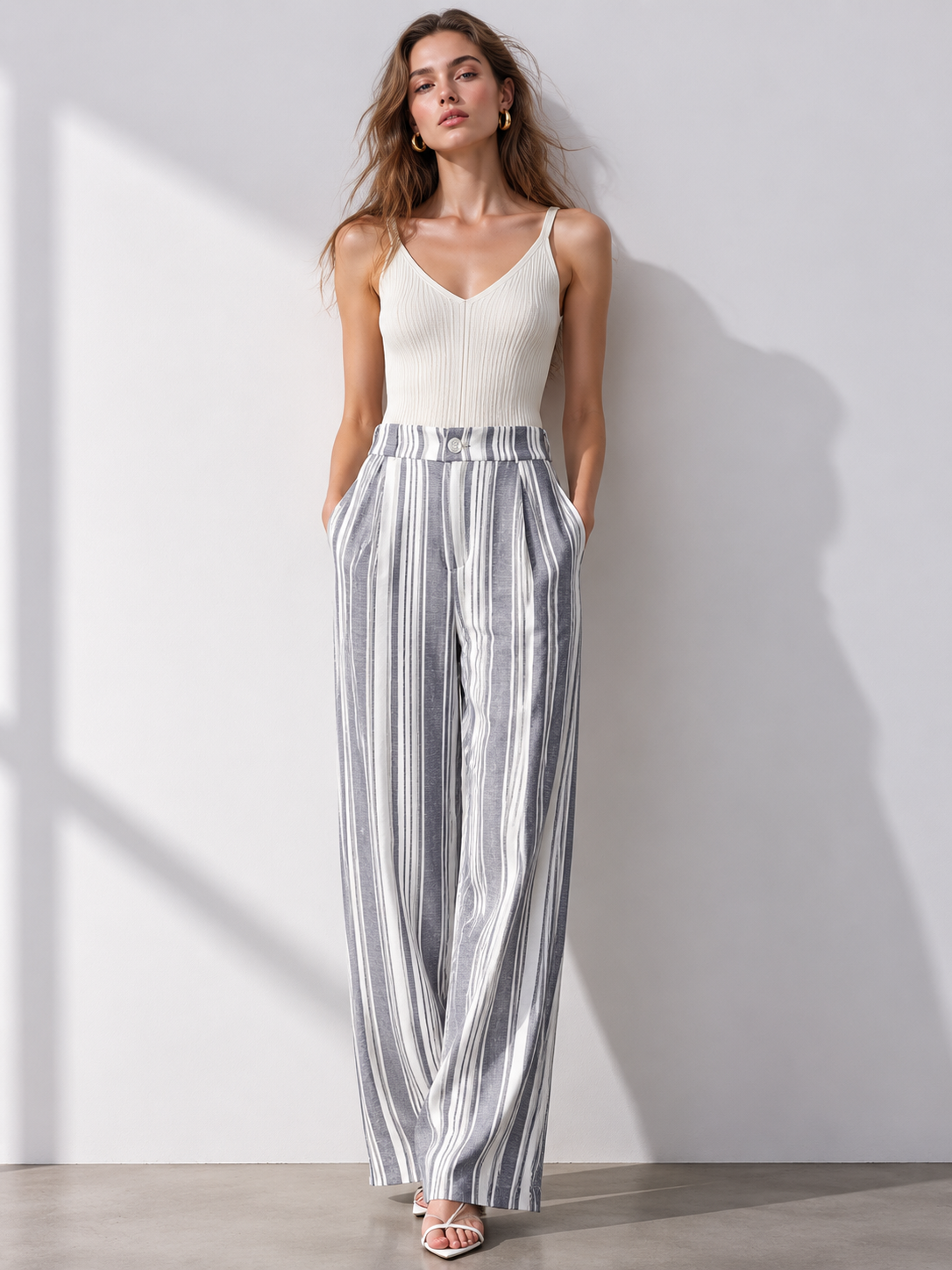 Minimalist Linen-Blend Striped Wide Leg Pants - Chic Office Casual D-40662