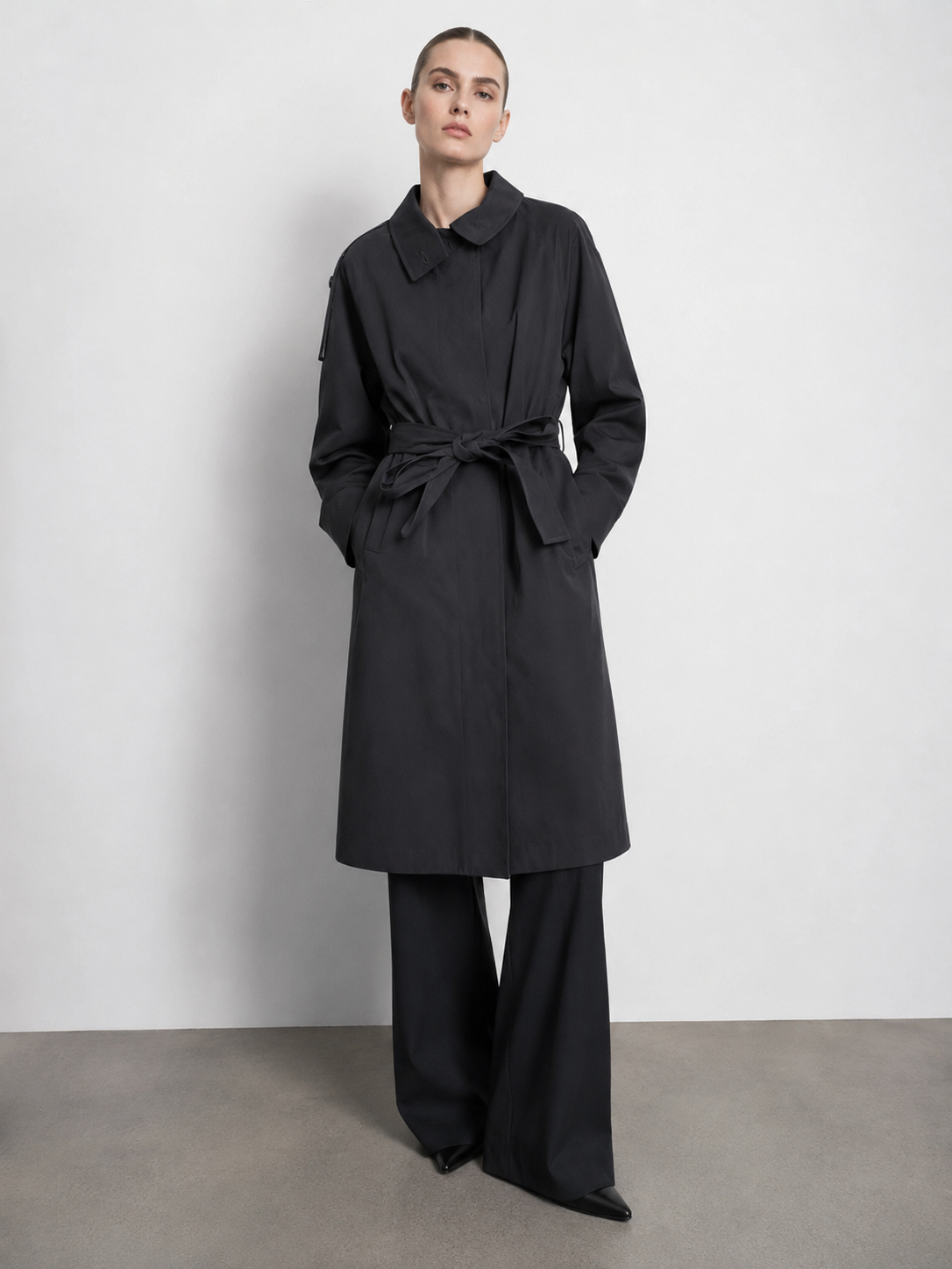 Dark Grey Belted Trench Coat with Asymmetric Collar - Long Outerwear M-42870