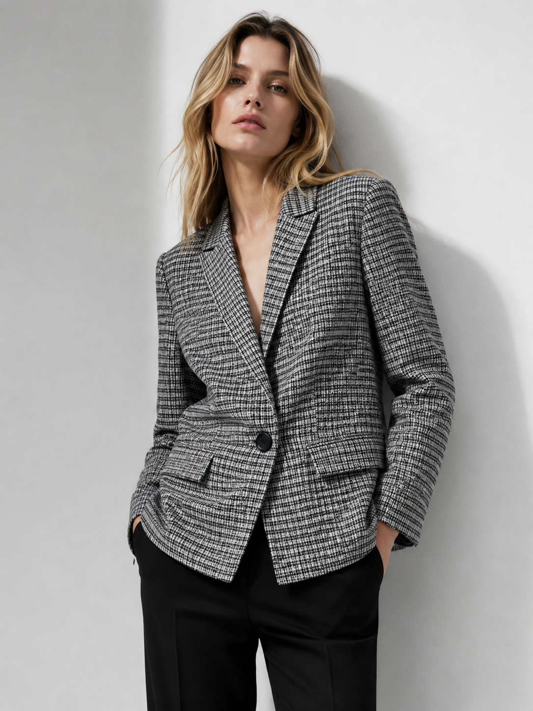 Navy White Plaid Single-Breasted Blazer - Casual Outerwear M-42875