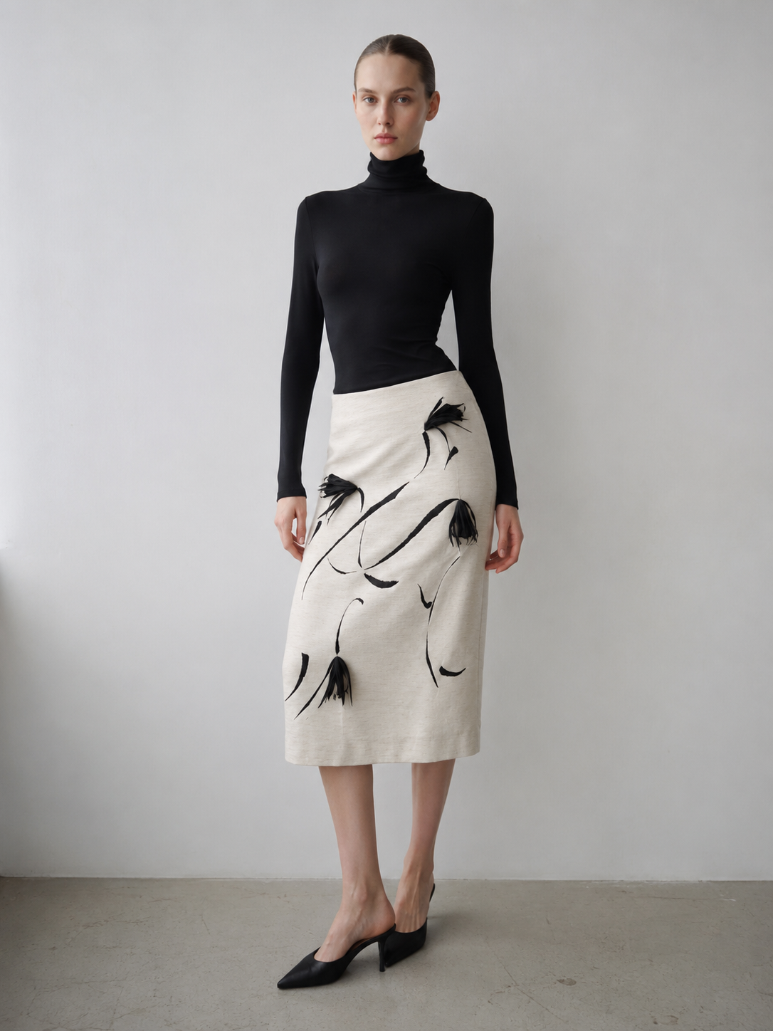 Women's Oriental Ink Painting Tassel Pencil Skirt - Beige High Waist Bodycon Midi Skirt  SZLA-320003