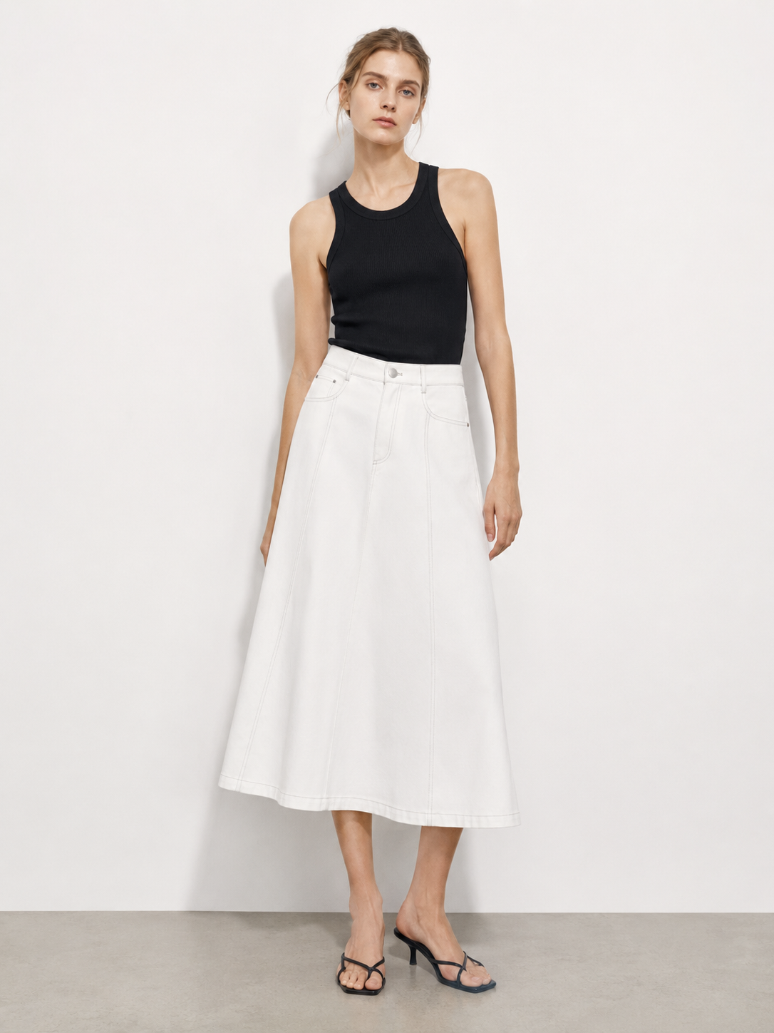 Minimalist White Denim Skirt - High Waist Flared Casual Skirt  A-41942
