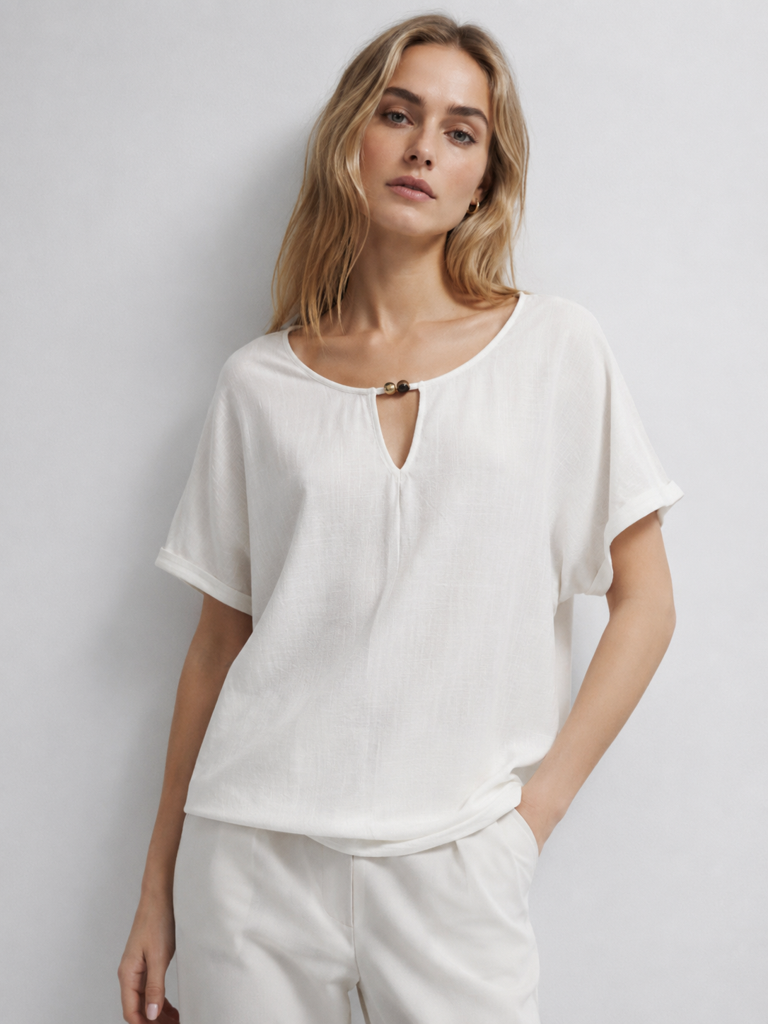 Boho Linen Texture Keyhole Neck Top Casual Short Sleeve Loose Blouse for Women A-42023