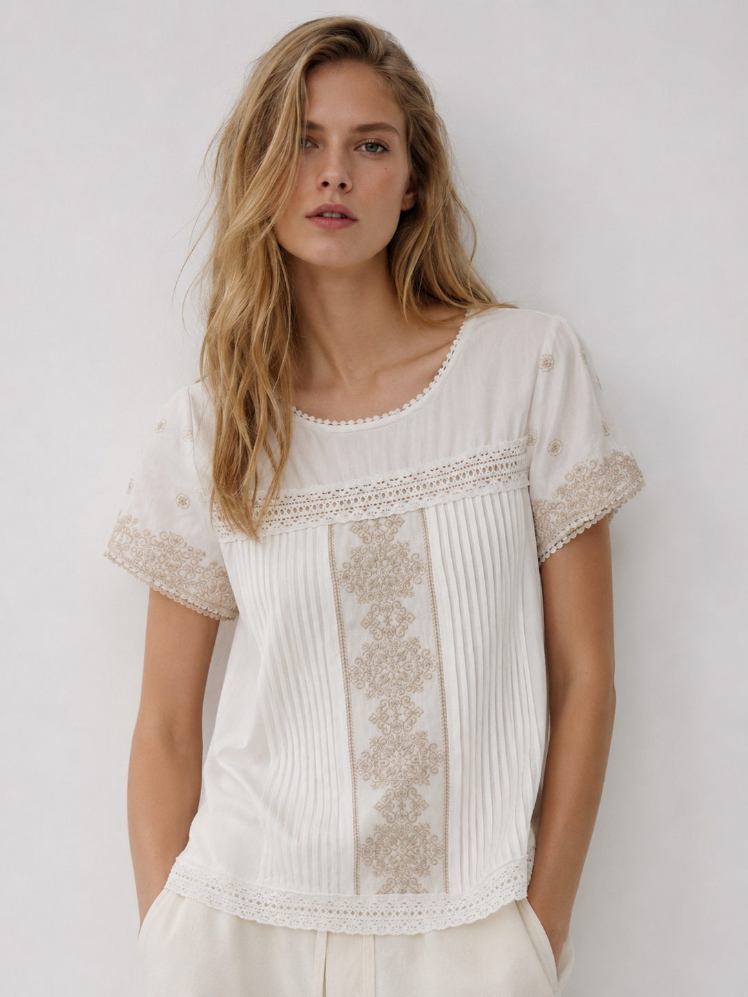 Boho Crochet Lace Insert Blouse Elegant Short Sleeve Embroidered Cotton Top AN-261051