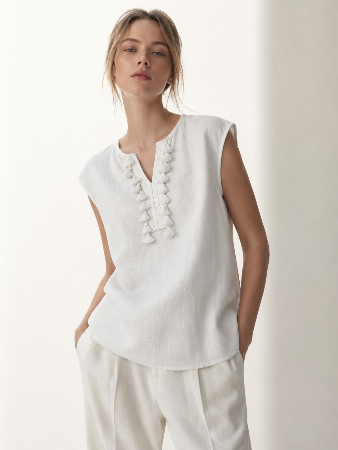 Boho Tassel Trim Sleeveless Linen Top Casual V-Neck Blouse for Women C-41968