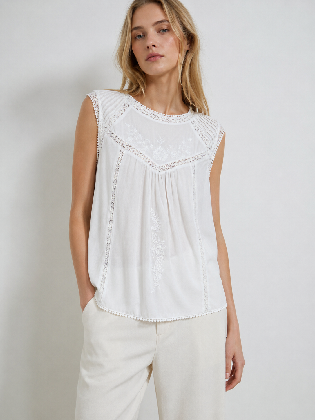 Boho White Cotton Embroidered Blouse Crochet Detail Pom-Pom Hem Summer Top D-41963