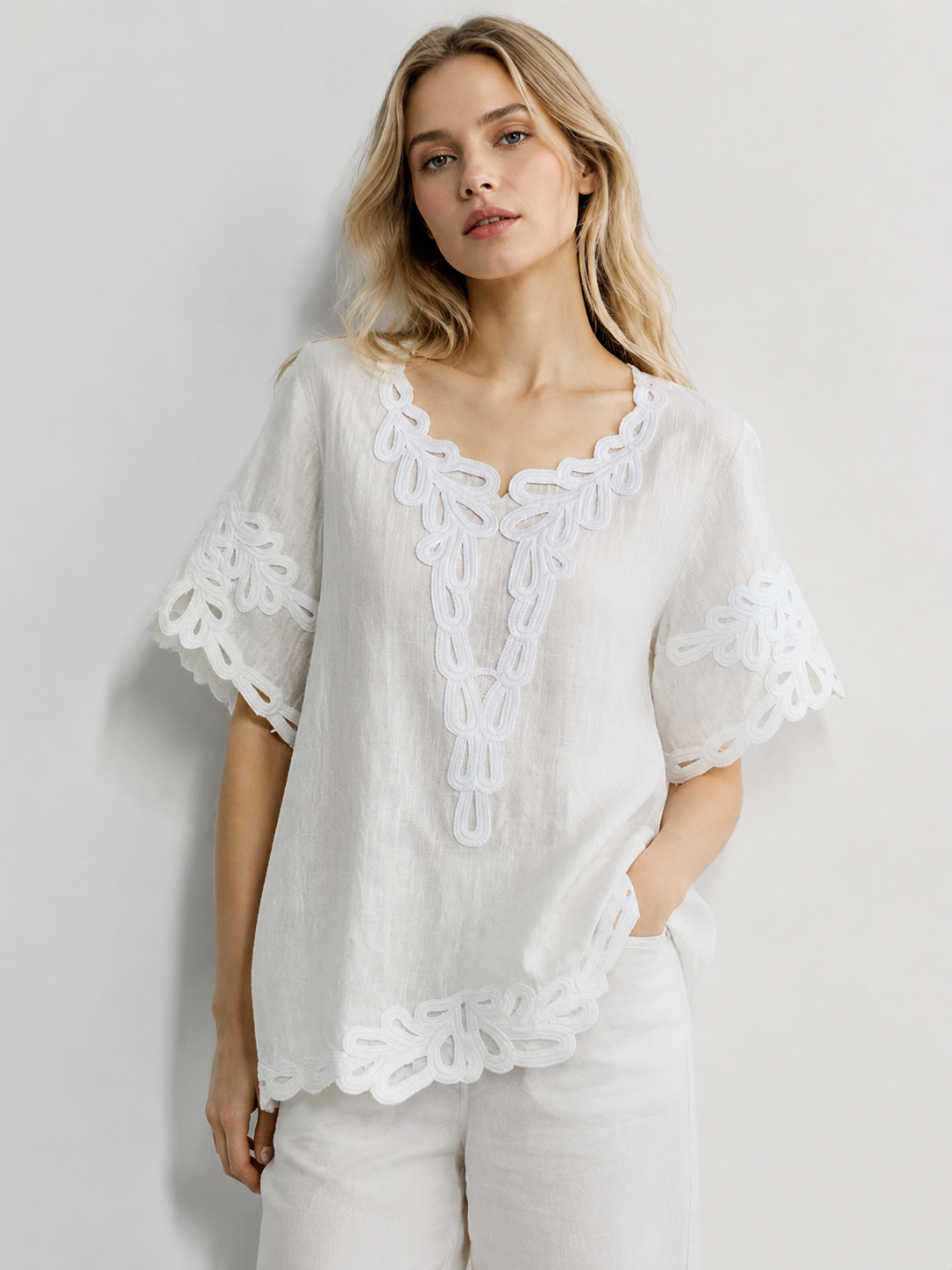 Boho White Top with Cording Detail Short Sleeve Loose Summer Blouse K-41910