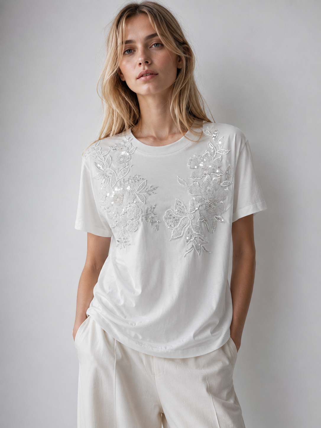 Boho Sequin Embroidered White Tee Casual Summer Top for Women M-38604