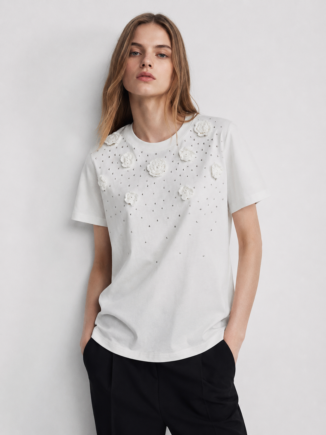 Summer White Tee with 3D Crochet Flowers and Rhinestones Short Sleeve Top M-40142-7