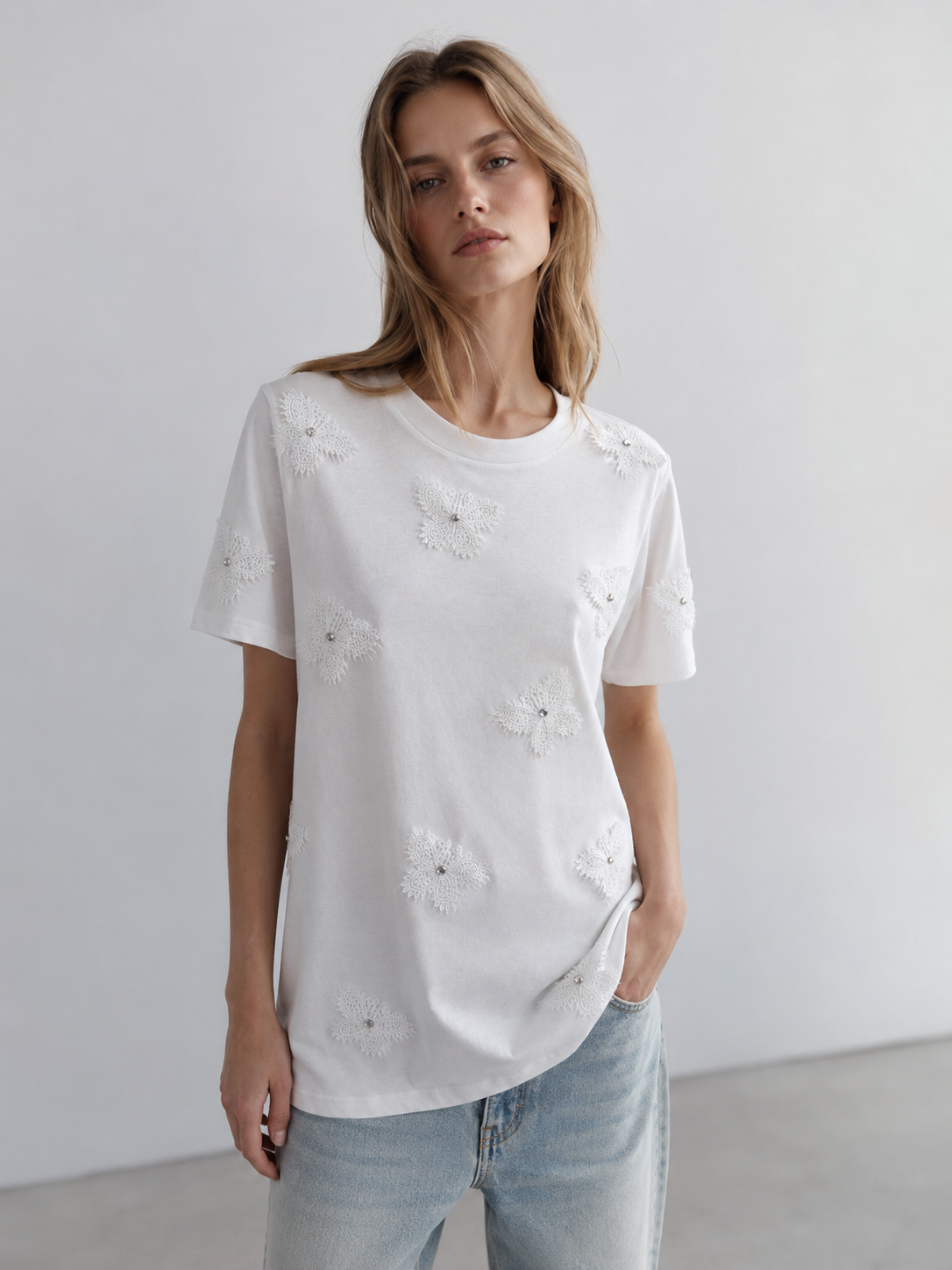 Women's White Floral Lace Applique Embellished T-Shirt Short Sleeve Casual Summer Top M-40196-3