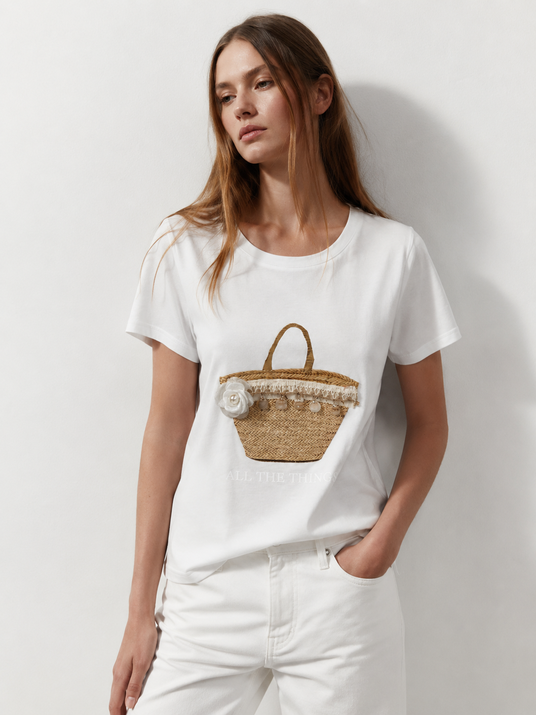 Women's Cute Straw Basket Embroidered Charm T-Shirt Casual Summer Blouse M-42129-10