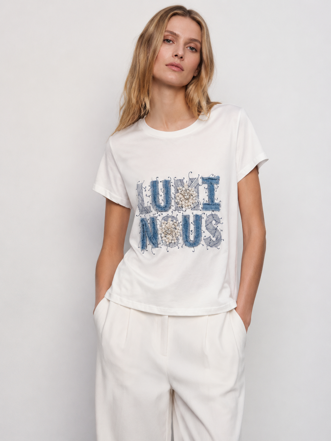 Women's Romantic Beaded Embroidery Letter T-Shirt Casual Summer Top M-42129-22