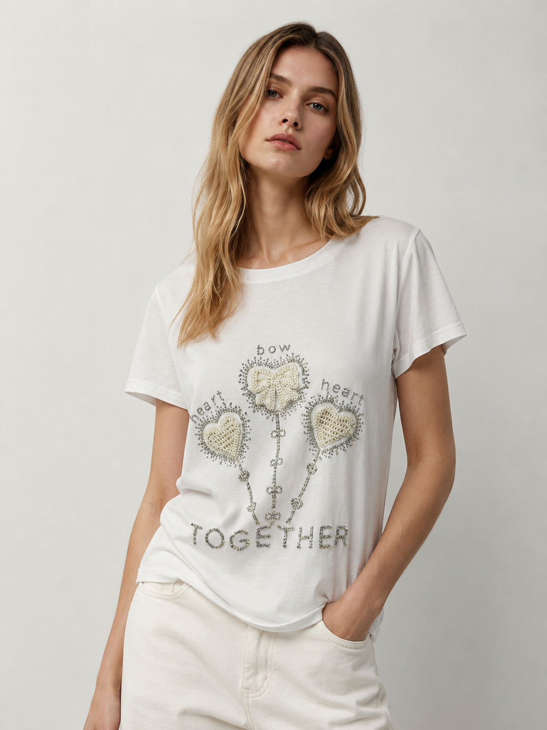 Women's Cute Rhinestone Heart Key Embellished Graphic T-Shirt Summer Top M-42130