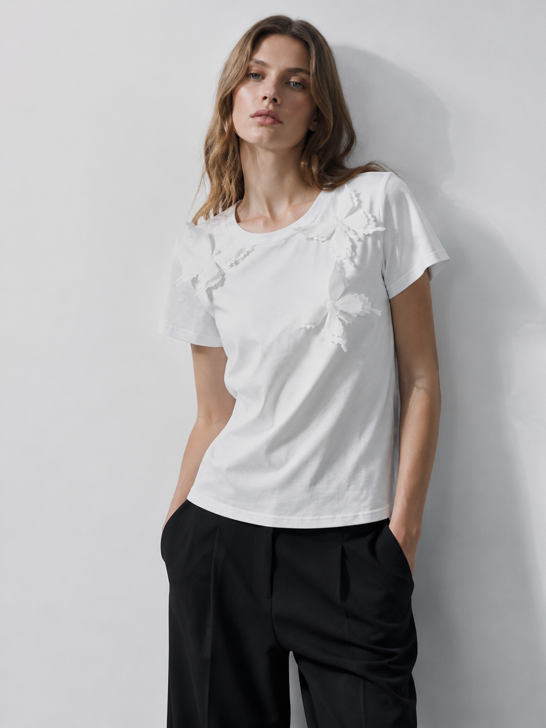  Women's 3D White Butterfly Applique Pearl Beaded Summer T-Shirt M-42130-6