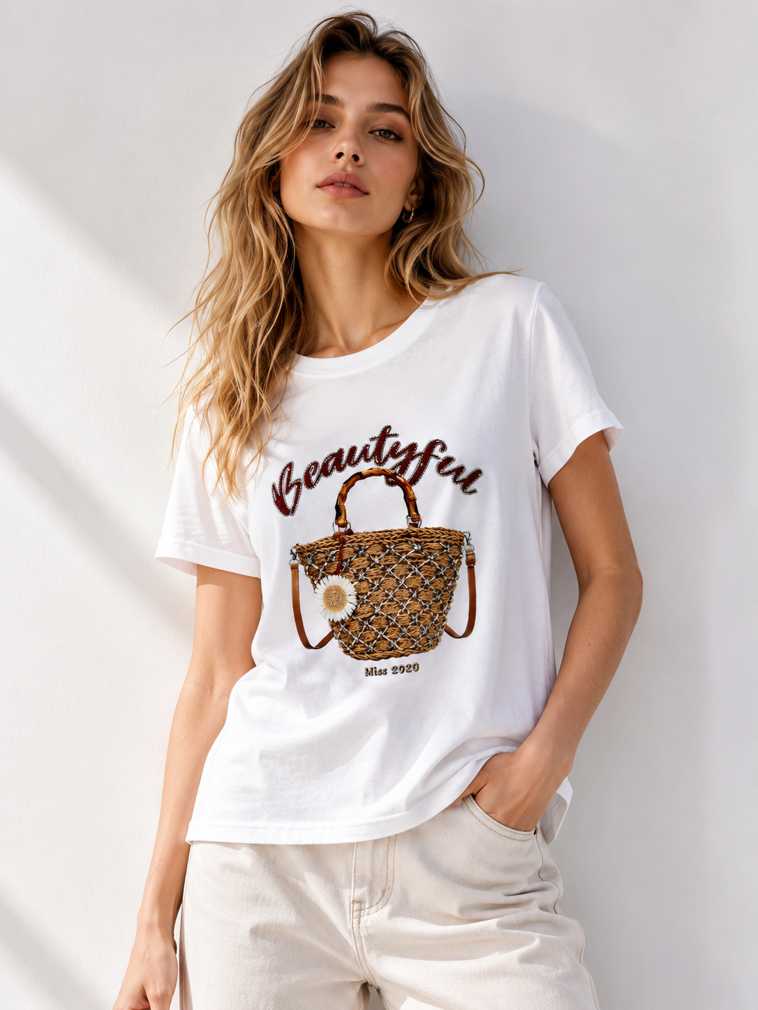 Women's Cute 3D Straw Handbag Embellished "Beautiful" Graphic Tee M-42131-7