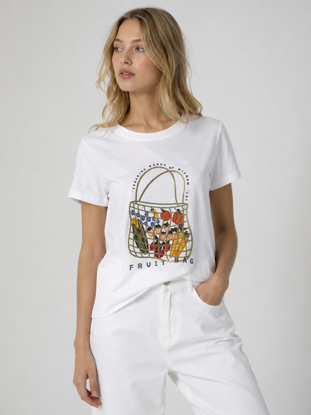 Women's Resort Fruit Basket Print Tee Glitter Outline Casual Summer T-Shirt M-42131-8