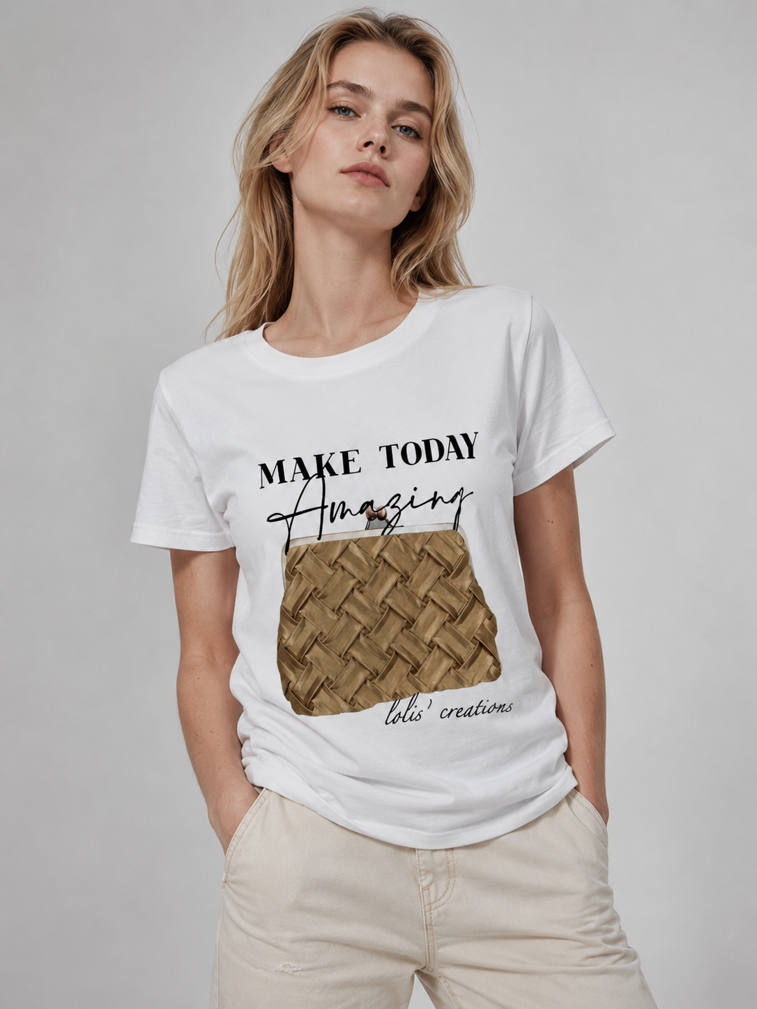  Women's Woven Tote Bag Print Shirt Cute Pearl Charm Slogan Summer T-Shirt M-42131-9