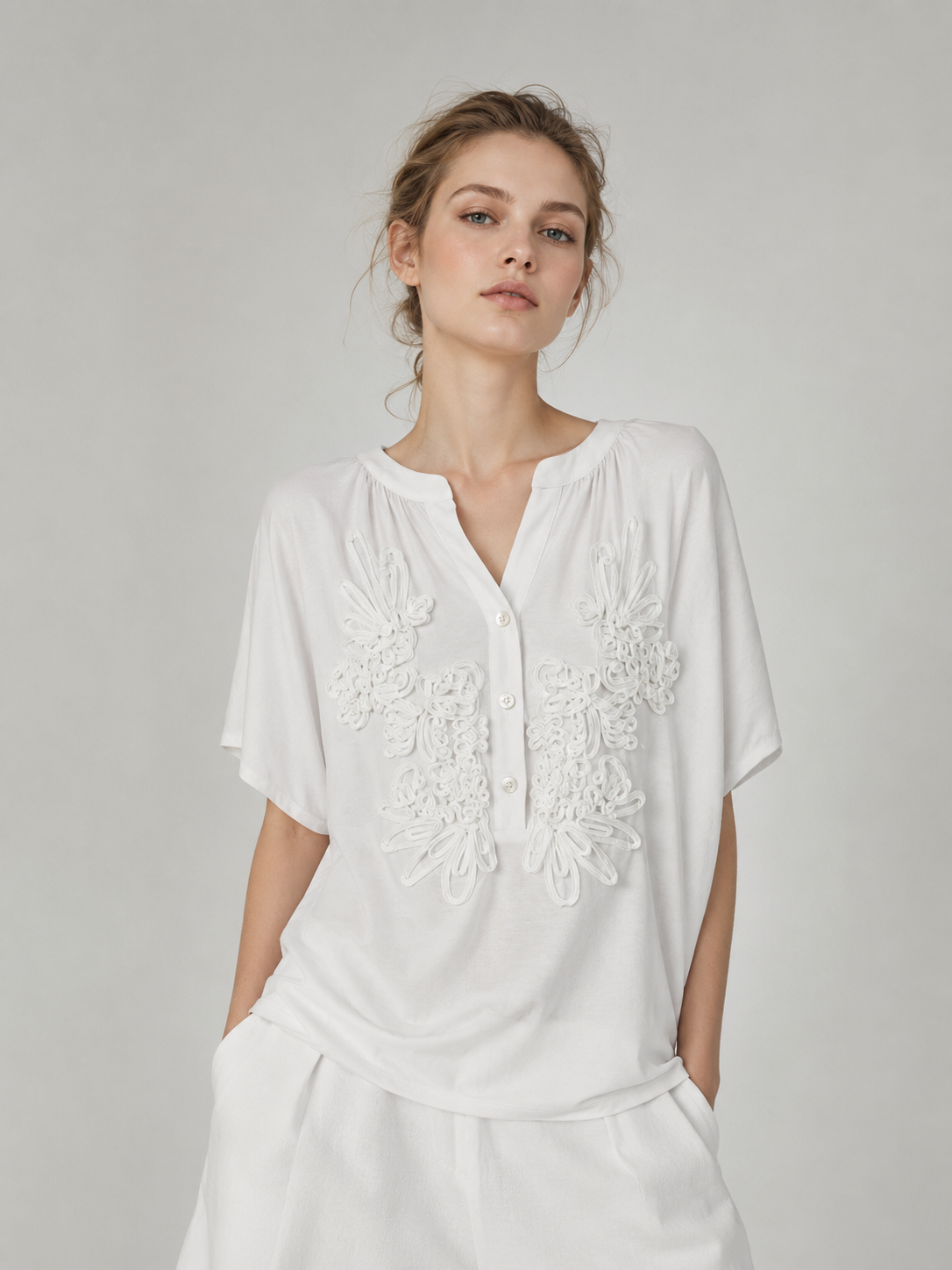 Women's 3D Floral Cord Embroidered Henley Blouse Casual Loose Fit White Top M-42164